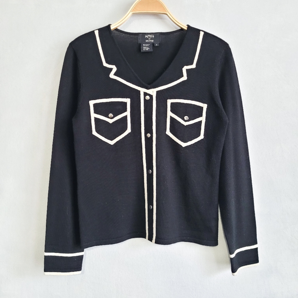 Metro 6 by Nina Leonard Faux Button Up 2D Wool Blend Black/White Knit Top Small